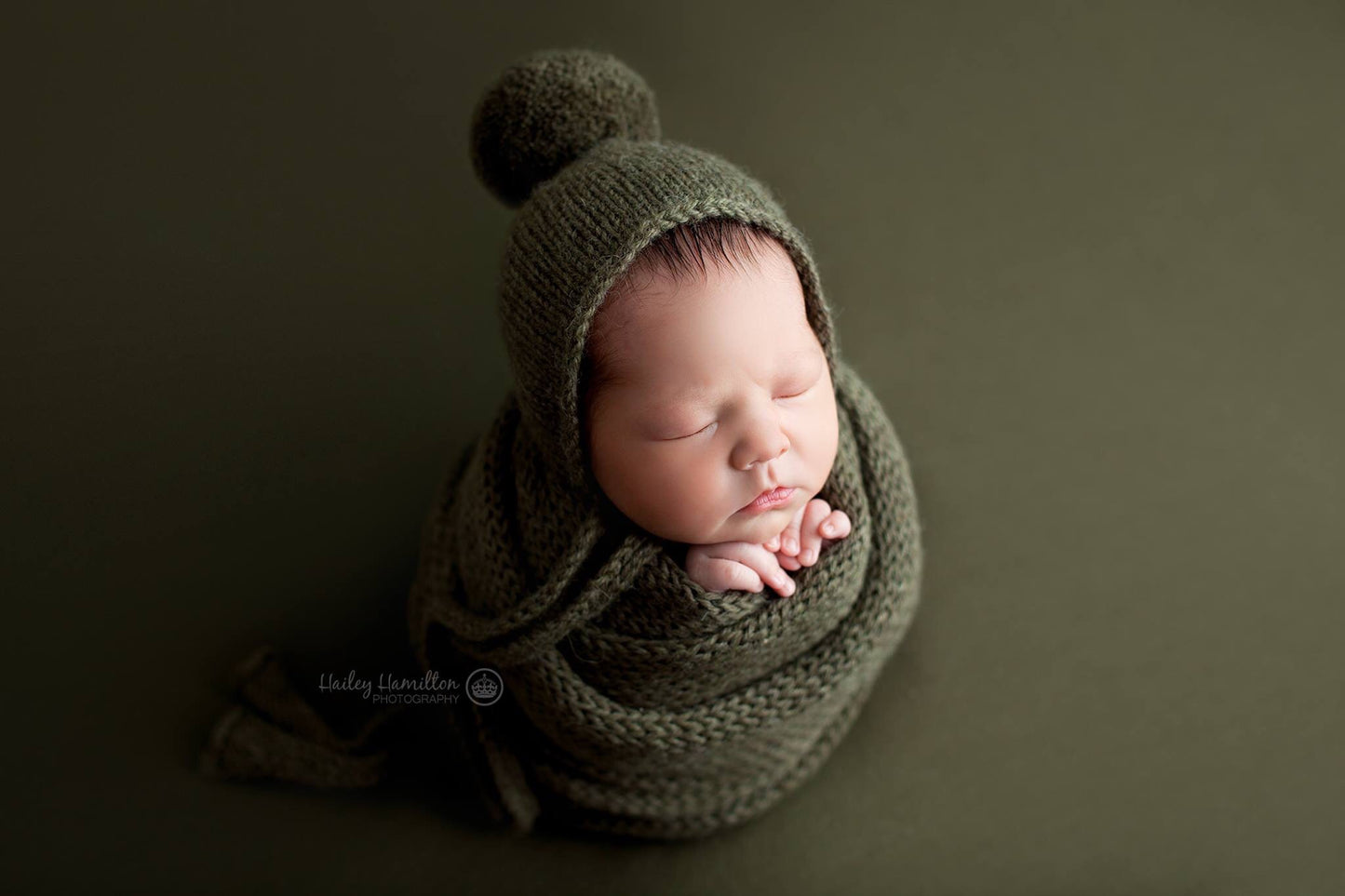 Olive Pom Pom Bonnet, Bonnet, Sleepy Hat, and/or Wrap