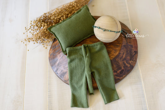 Dark Green Newborn Sleepy Hat, Pants, Pillow, or Tieback