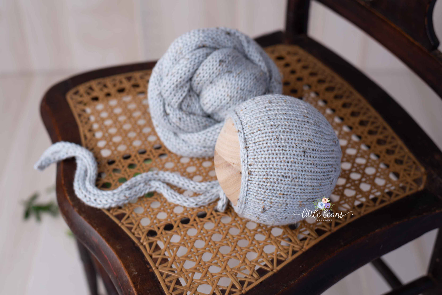 Pale Blue Grey Tweed Bonnet and Wrap - Preorder
