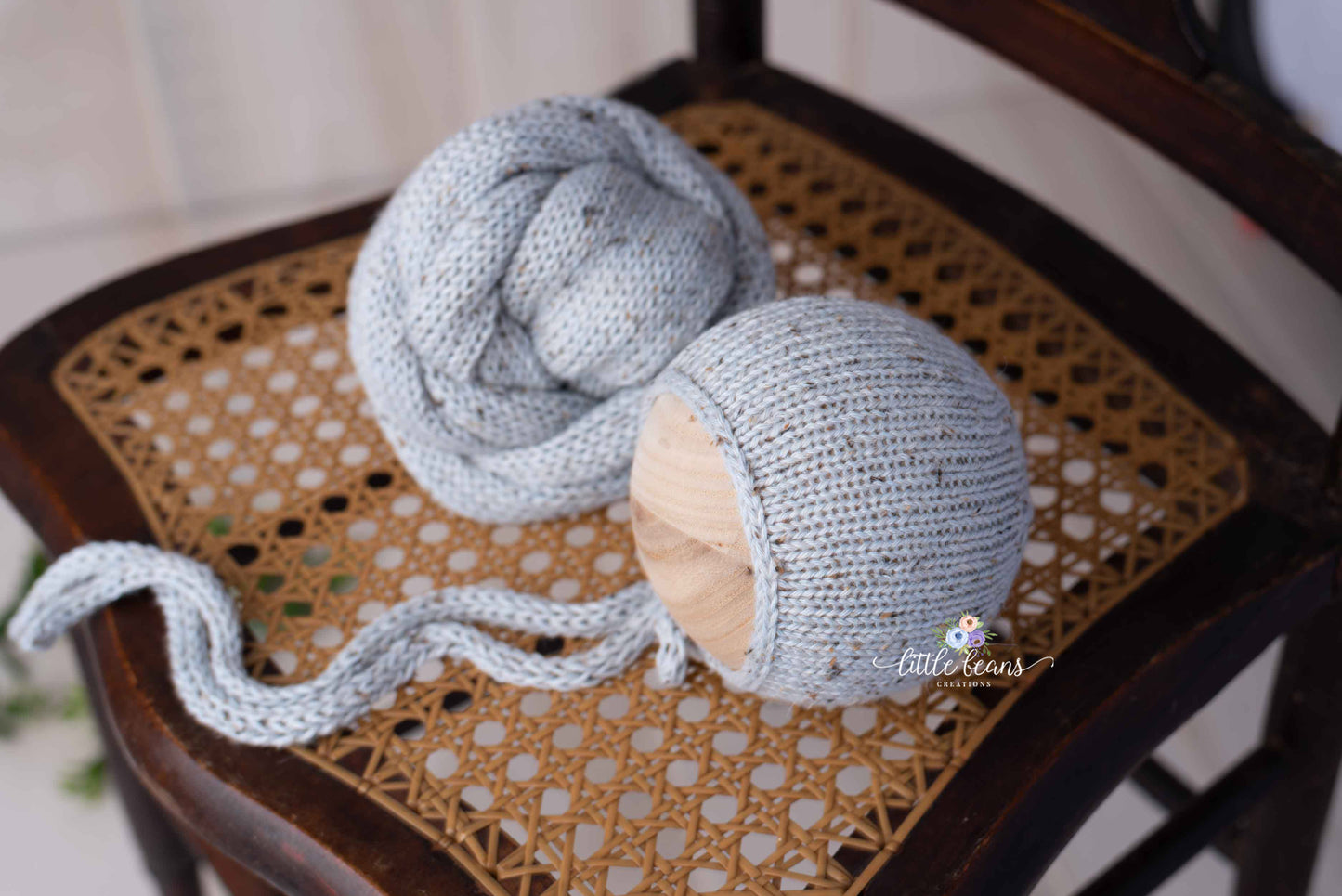 Pale Blue Grey Tweed Bonnet and Wrap - Preorder