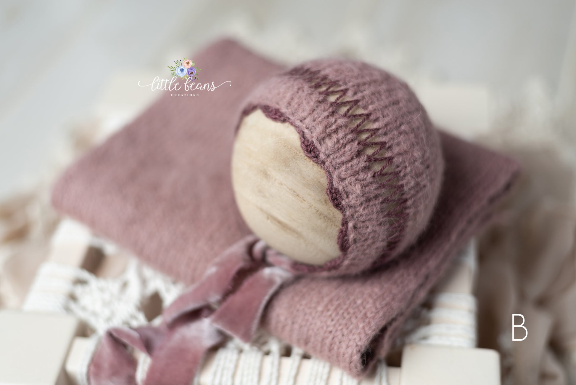 Newborn Bonnet and Wrap Set in Mauve. Pink newborn bonnet and wrap.